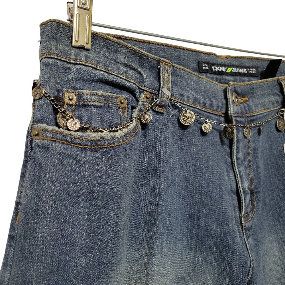 DKNY NWT Size 12 Jeans Denim Gold Glitter So Low Lita Chain Belt Boot Distressed - Picture 13 of 16